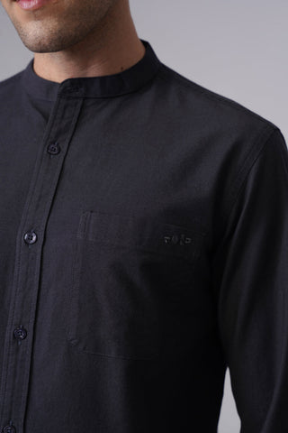 Dark Grey Oxford Cotton Mandarin Collar Shirt – Regular Fit, Full Sleeves