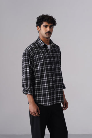Black Checkered Brushed Cotton Shirt – Loose Fit, Full Sleeves