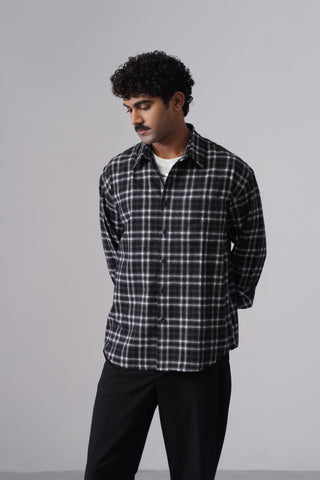Black Checkered Brushed Cotton Shirt – Loose Fit, Full Sleeves