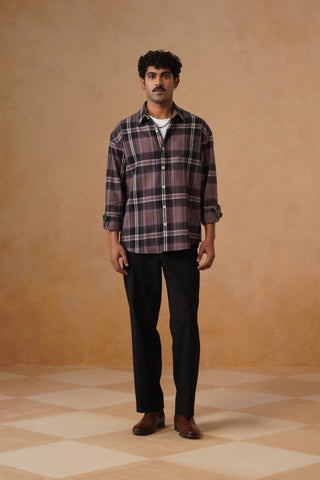 Purple Checkered Brushed Cotton Shacket – Loose Fit, Full Sleeves