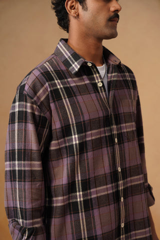 Purple Checkered Brushed Cotton Shacket – Loose Fit, Full Sleeves