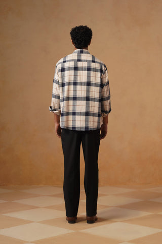Beige & Blue Checkered Brushed Cotton Shirt – Loose Fit, Full Sleeves