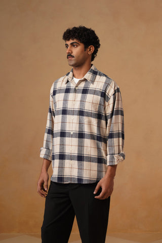 Beige & Blue Checkered Brushed Cotton Shirt – Loose Fit, Full Sleeves