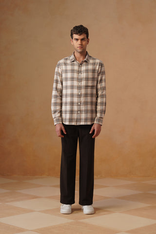 Beige Checked Cotton Shirt – Loose Fit, Full Sleeves