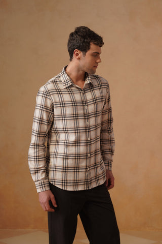 Beige Checked Cotton Shirt – Loose Fit, Full Sleeves