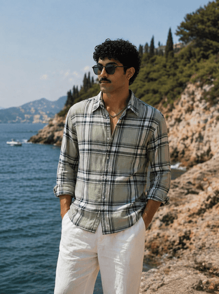 Green Checked Brushed Cotton Shirt – Regular Fit, Full Sleeves