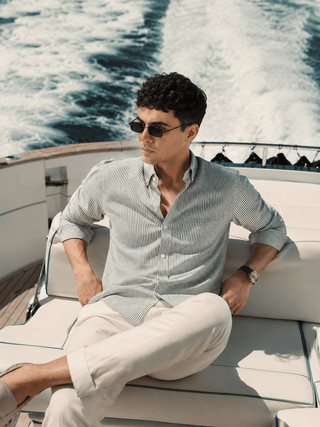 Green Striped Cotton Shirt – Regular Fit, Full Sleeves