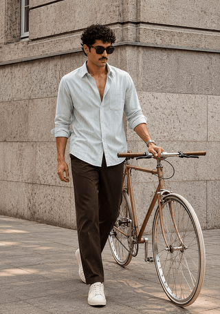Light Blue Striped Cotton Shirt – Regular Fit, Full Sleeves