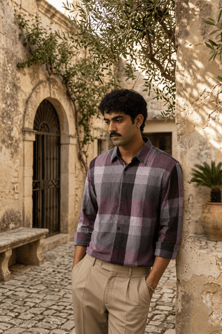 Maroon Textured Cotton Shirt – Regular Fit, Full Sleeves