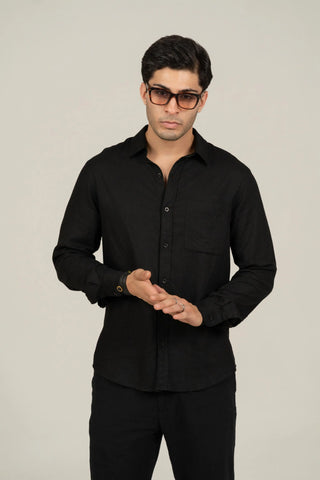 Minus One Men’s Black Linen Blend Shirt – Regular Fit Minus One