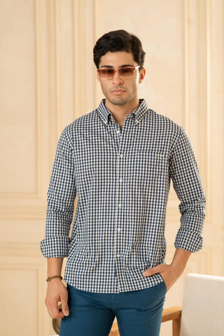 Minus One Men’s Blue Checkered Organic Cotton Shirt – Button-Down Collar | Regular Fit Minus One