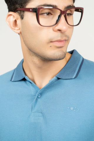 Minus One Men’s Blue Heaven Bamboo Cotton Polo T-Shirt – Jacquard Collar | Regular Fit Minus One