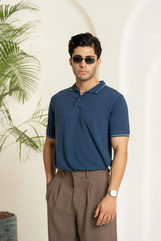 Minus One Men’s Insignia Blue Bamboo Cotton Polo T-Shirt – Tipping Collar | Regular Fit Minus One