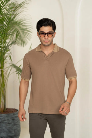 Minus One Men’s Mocha Brown Bamboo Cotton Polo T-Shirt – Jacquard Collar | Regular Fit Minus One