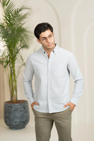 Minus One Men’s Navy Blue Striped Cotton Shirt – Button-Down Collar | Regular Fit Minus One