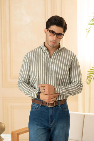 Minus One Men’s Olive Striped Organic Cotton Shirt – Regular Fit Minus One
