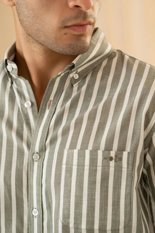 Minus One Men’s Olive Striped Organic Cotton Shirt – Regular Fit Minus One