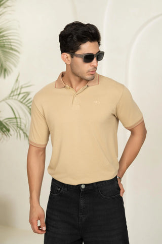 Minus One Men’s Pebble Beige Bamboo Cotton Polo T-Shirt – Jacquard Collar | Regular Fit Minus One