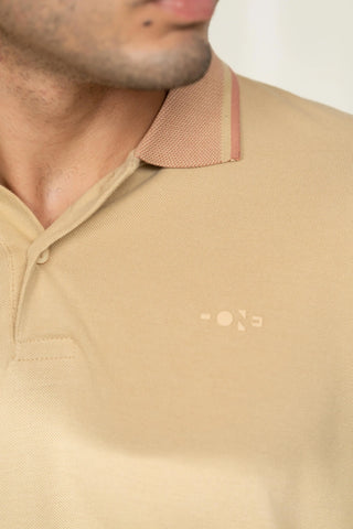 Minus One Men’s Pebble Beige Bamboo Cotton Polo T-Shirt – Jacquard Collar | Regular Fit Minus One