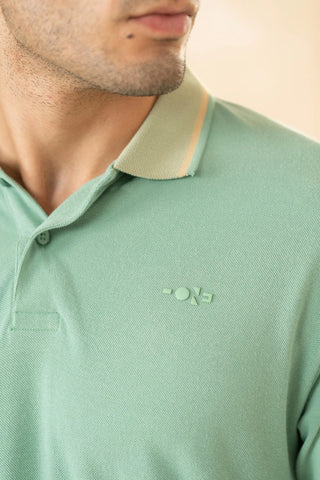 Minus One Men’s Sage Green Bamboo Cotton Polo T-Shirt – Jacquard Collar | Regular Fit Minus One