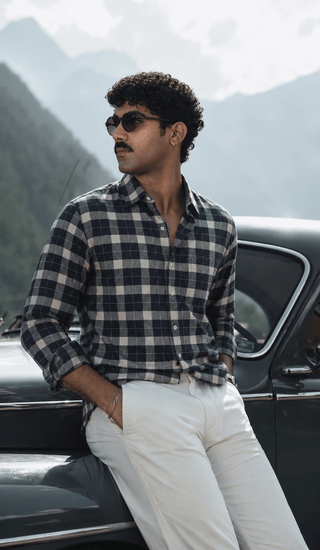 Navy Checkered Cotton Shirt – Regular Fit, Full Sleeves
