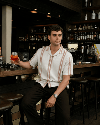 Off-White Striped Cotton Cuban Collar Shirt – Regular Fit, Half Sleeves