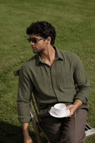 Olive Textured Checked Shirt – Regular Fit, Full Sleeves, Cotton