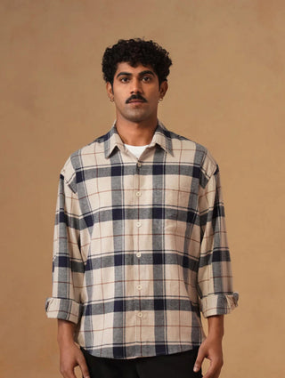 Beige & Blue Checkered Brushed Cotton Shirt – Loose Fit, Full Sleeves