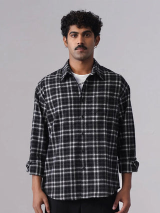 Black Checkered Brushed Cotton Shirt – Loose Fit, Full Sleeves