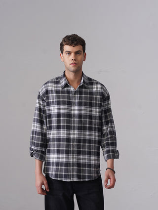 Grey Checkered Cotton Shirt – Loose Fit, Full Sleeves
