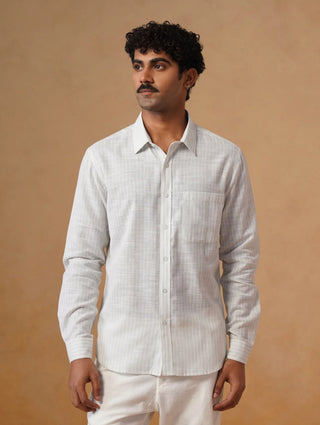 Sky Grey Striped Cotton Shirt – Regular Fit, Full Sleeves