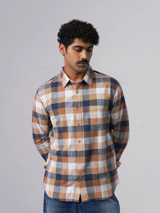 Brown Checkered Cotton Shirt – Regular Fit, Full Sleeves