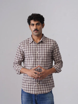Beige & Grey Checked Cotton Stretch Shirt – Regular Fit, Full Sleeves