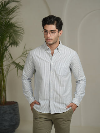 Navy Blue Striped Cotton Shirt – Button-Down Collar | Regular Fit