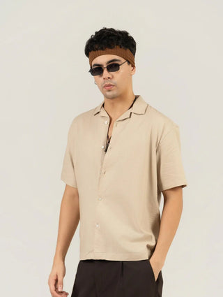 Beige Half Sleeve Cuban Collar Shirt – Loose Fit