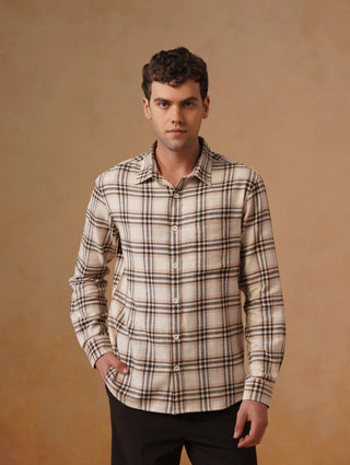 Beige Checked Cotton Shirt – Loose Fit, Full Sleeves