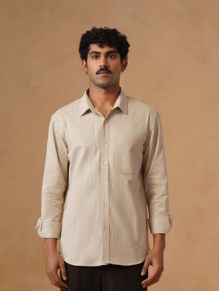Beige Striped Cotton Shirt – Regular Fit, Full Sleeves