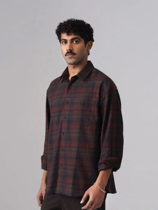 Maroon & Blue Checkered Cotton Shirt – Loose Fit, Full Sleeves