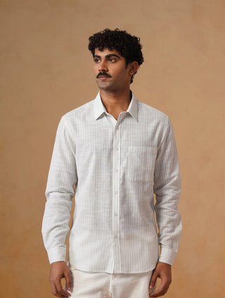 White Checked Brushed Cotton Shirt – Regular Fit, Full Sleeves