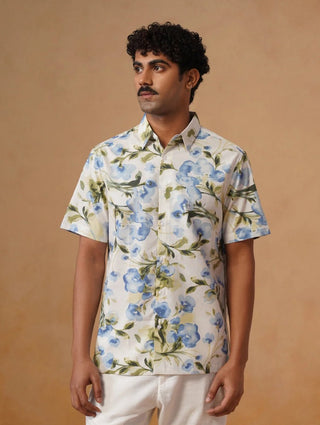 Blue Printed Organic Cotton Blend Shirt – Regular Fit, Half Sleeves
