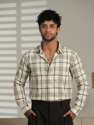 Off-White & Brown Checked Cotton Shirt – Regular Fit, Full Sleeves