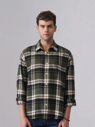 Green Checkered Brushed Cotton Shirt – Loose Fit, Full Sleeves