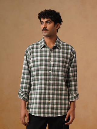 Green Checkered Cotton Stretch Shirt – Loose Fit, Full Sleeves