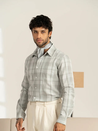 Grey Checked Cotton Shirt – Regular Fit, Full Sleeves