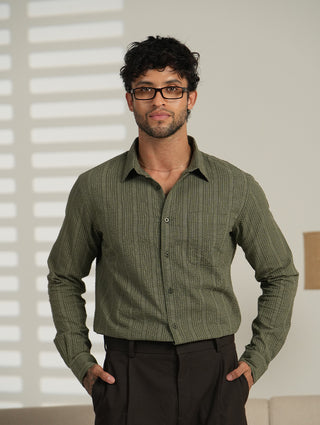 Olive Textured Checked Shirt – Regular Fit, Full Sleeves, Cotton