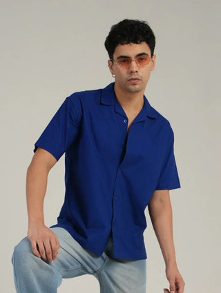 Blue Half Sleeve Cuban Collar Shirt – Loose Fit