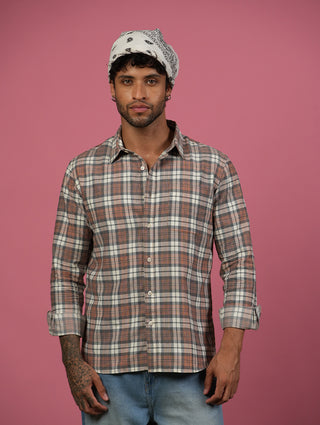 Brown Checkered Cotton Shirt – Full Sleeve, Regular Fit