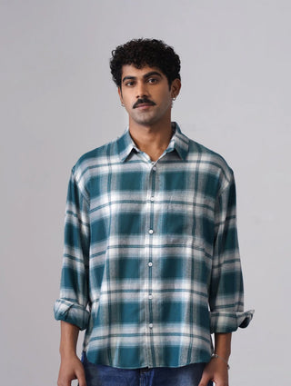 Green Checkered Cotton Shirt – Loose Fit, Full Sleeves