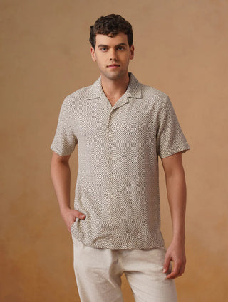 Brown Printed Cotton Cuban Collar Shirt – Regular Fit, Half Sleeves
