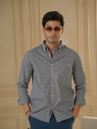 Blue Checkered Organic Cotton Shirt – Button-Down Collar | Regular Fit